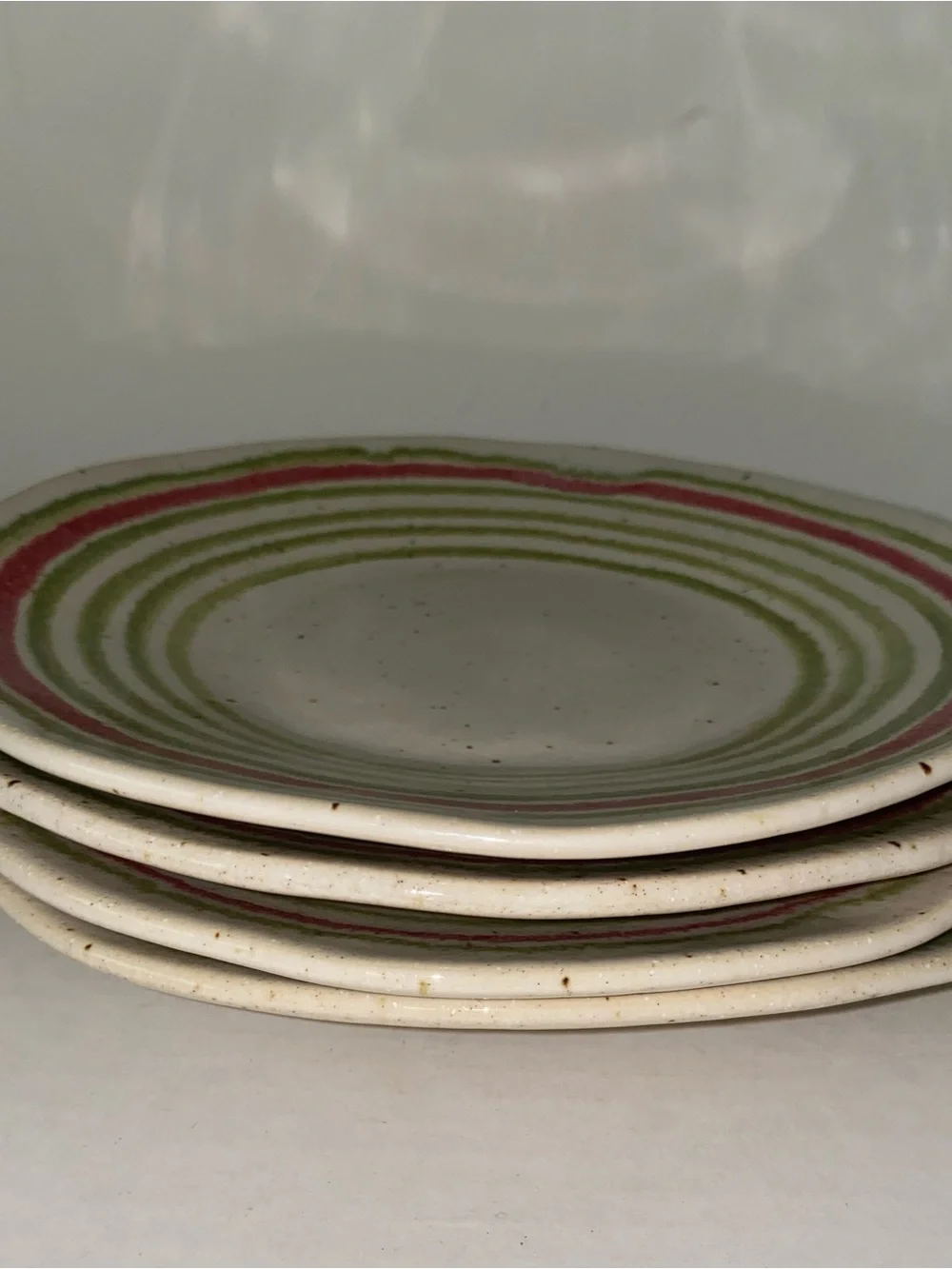 Crate & Barrel Handmade Ceramic Dinner/Salad Plate Cream, Green and Red Stripe 4